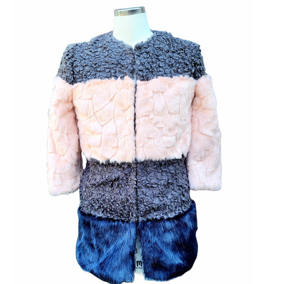 Endless Rose Pink Gray Faux Fur Color Block Crew Neck Jacket Barbie - Picture 1 of 8